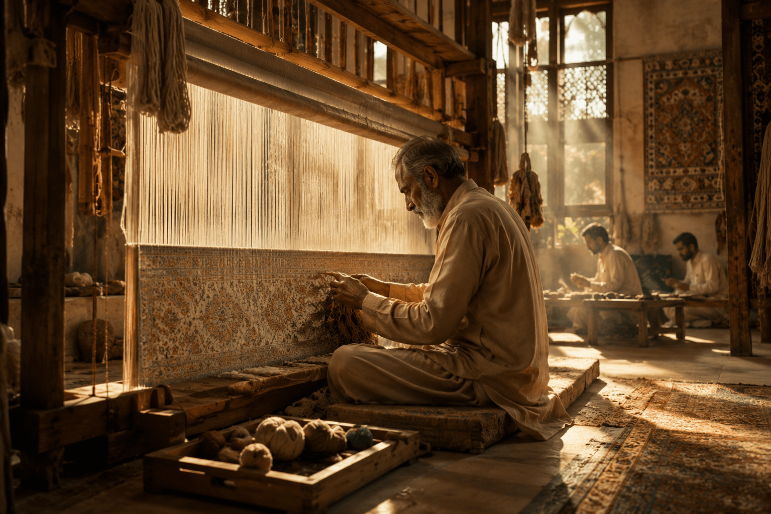 Artisan at a traditional carpet loom